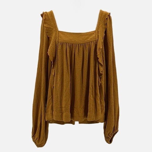 Free People Square Neck Balloon Sleeve Boho Top in Gold - Size Medium - Picture 3 of 10